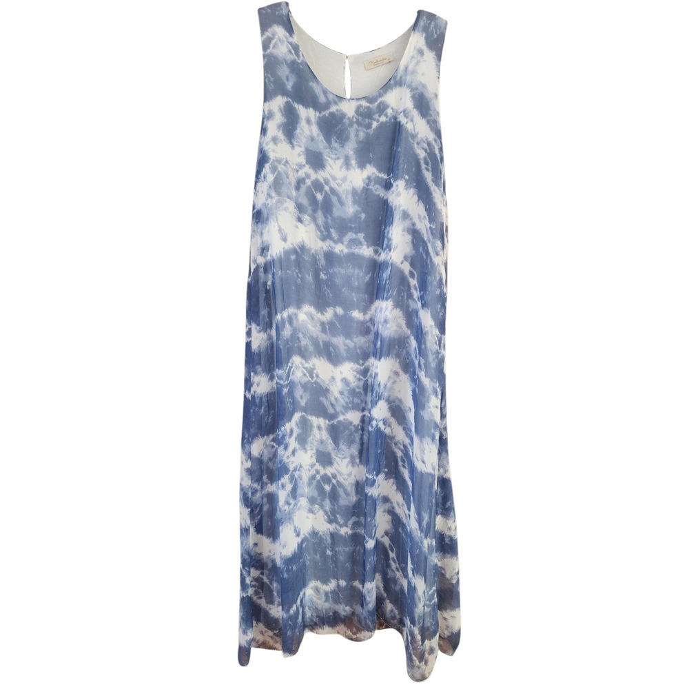 Bellambra Italy Silk Blend Tie Dye Midi Dress Blue White Sleeveless Pockets M - Picture 2 of 6